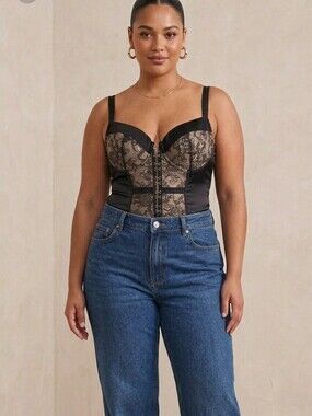 Cacique Bustier Corset Size 22/24 Black Lace Boning Goth Sexy